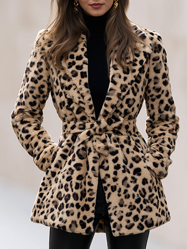 Women's Leopard Faux Fur Belted Jacket | Elegant Winter Statement Coat