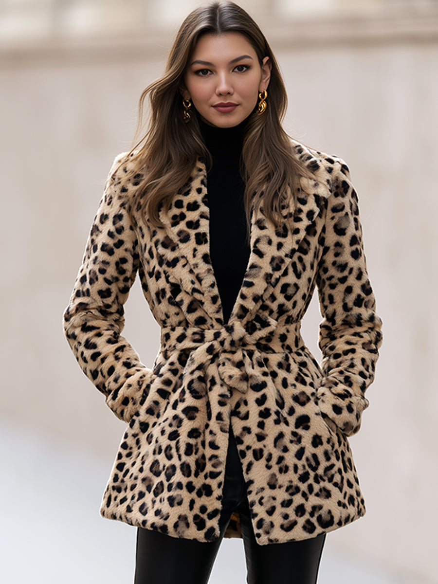 Women's Leopard Faux Fur Belted Jacket | Elegant Winter Statement Coat
