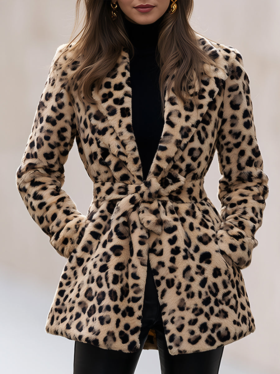 Women's Leopard Faux Fur Belted Jacket | Elegant Winter Statement Coat