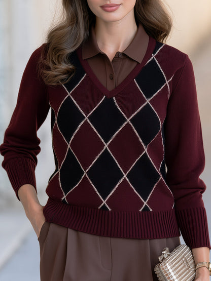 Women's Burgundy Argyle Knit Polo Sweater | Faux-Layered Collar Long Sleeve Top