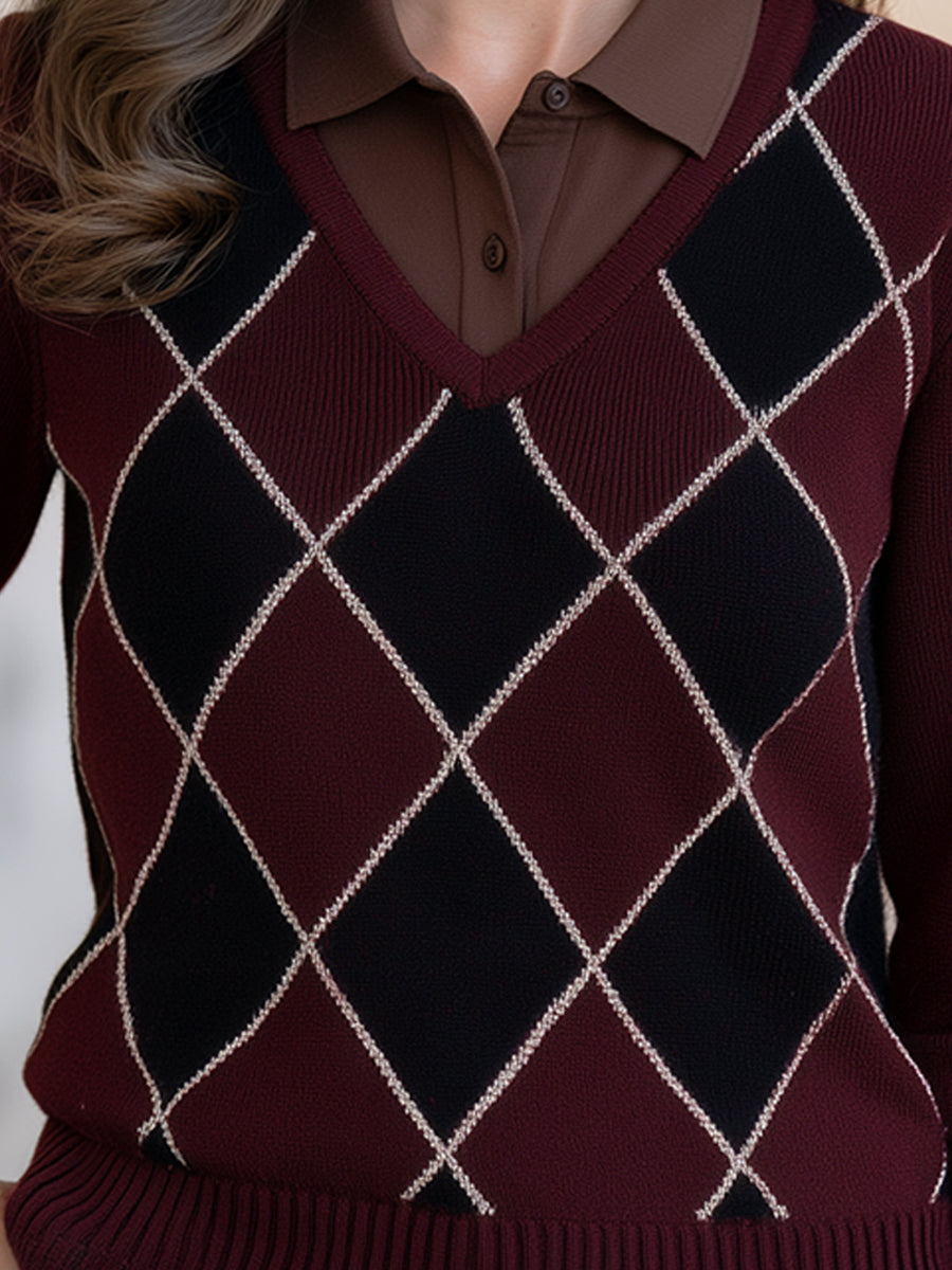 Women's Burgundy Argyle Knit Polo Sweater | Faux-Layered Collar Long Sleeve Top