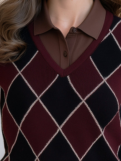 Women's Burgundy Argyle Knit Polo Sweater | Faux-Layered Collar Long Sleeve Top