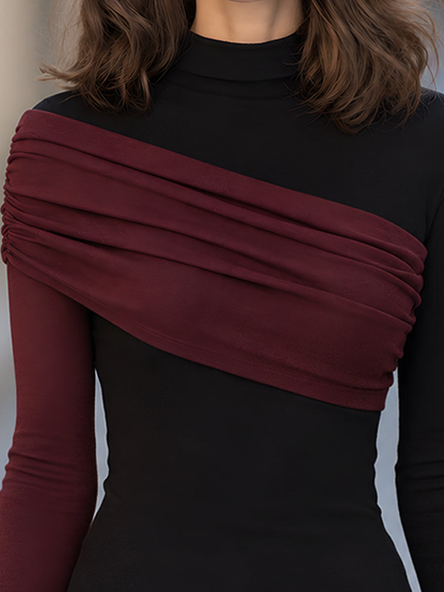 Women's Asymmetrical Draped Shoulder Long Sleeve Top | Elegant Contrast Blouse