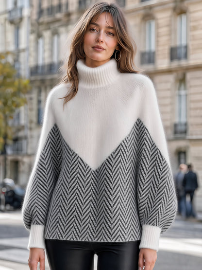 Women's Chevron Color-Block Turtleneck Sweater | Cozy Knit Pullover