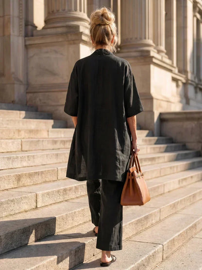 Women's Elegant 3 Piece Linen Set With Wide Leg Pants
