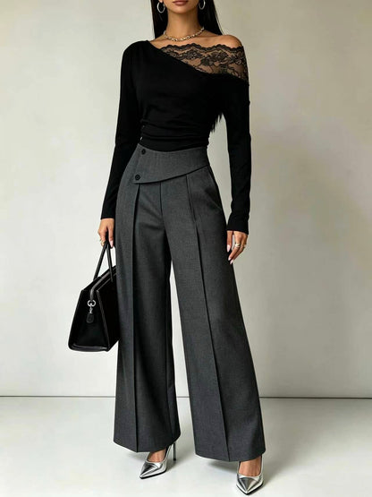 🤲LAST DAY SAVE 49% ⏰Lace-Trimmed Off-Shoulder Top & Wide-Leg Pants Set— FREE Handbag