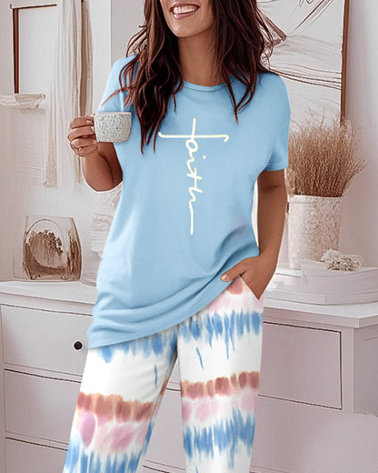 Women's Tie Dye Lounge Set – Casual Short Sleeve Top & Wide Leg Pants Outfit