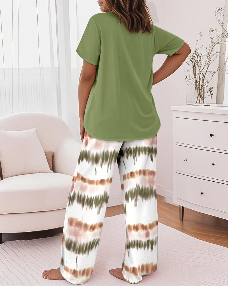 Women's Tie Dye Lounge Set – Casual Short Sleeve Top & Wide Leg Pants Outfit
