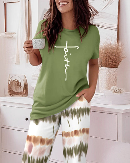 Women's Tie Dye Lounge Set – Casual Short Sleeve Top & Wide Leg Pants Outfit