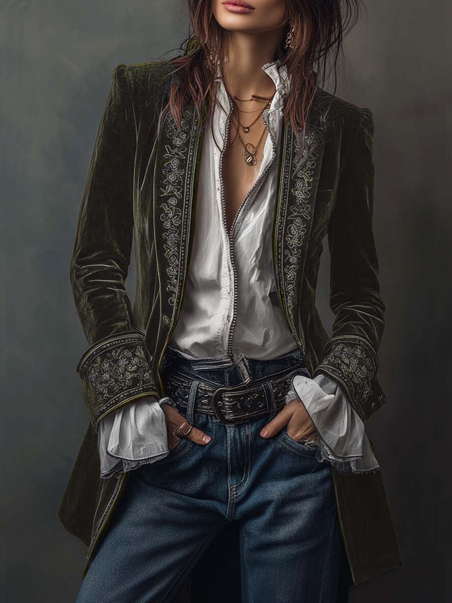 Women's Embroidered Longline Jacket | Elegant Casual Layering Coat