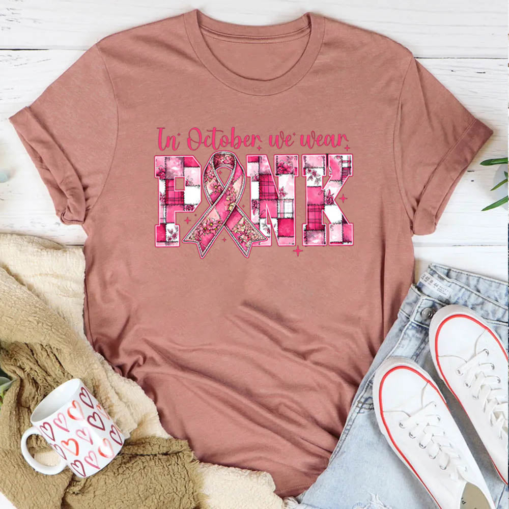 Women's Vintage In October We Wear Pink  Pattern Round-Neck T-Shirt