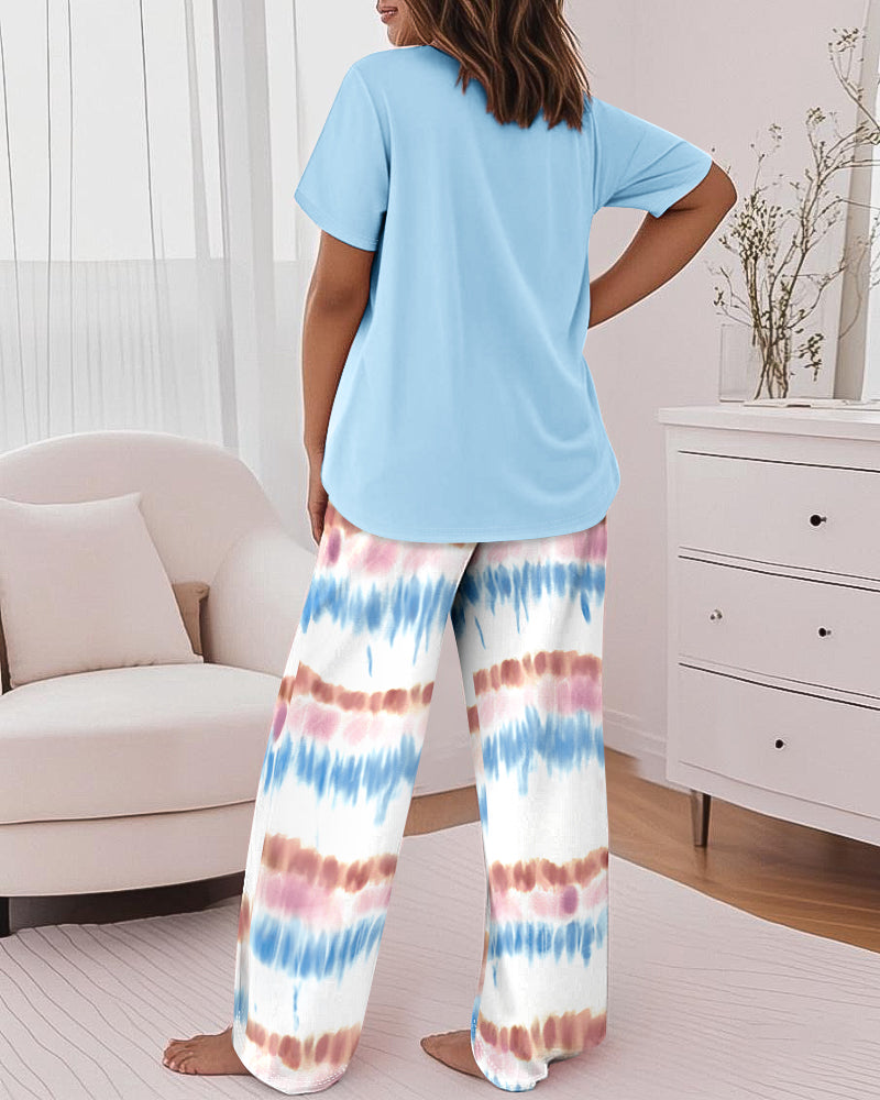 Women's Tie Dye Lounge Set – Casual Short Sleeve Top & Wide Leg Pants Outfit