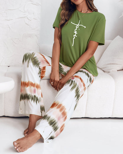 Women's Tie Dye Lounge Set – Casual Short Sleeve Top & Wide Leg Pants Outfit