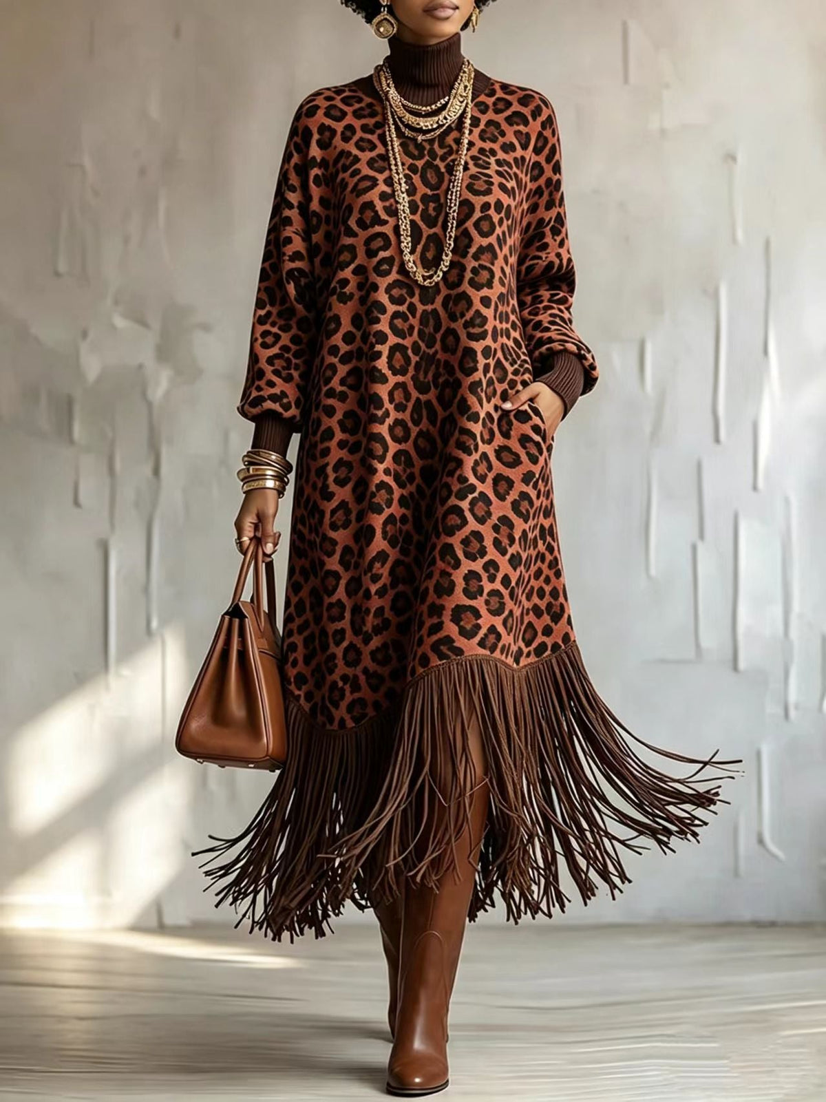 🤲LAST DAY SAVE 49% ⏰Boho Chic Wild Leopard Fringe Dress— FREE Handbag