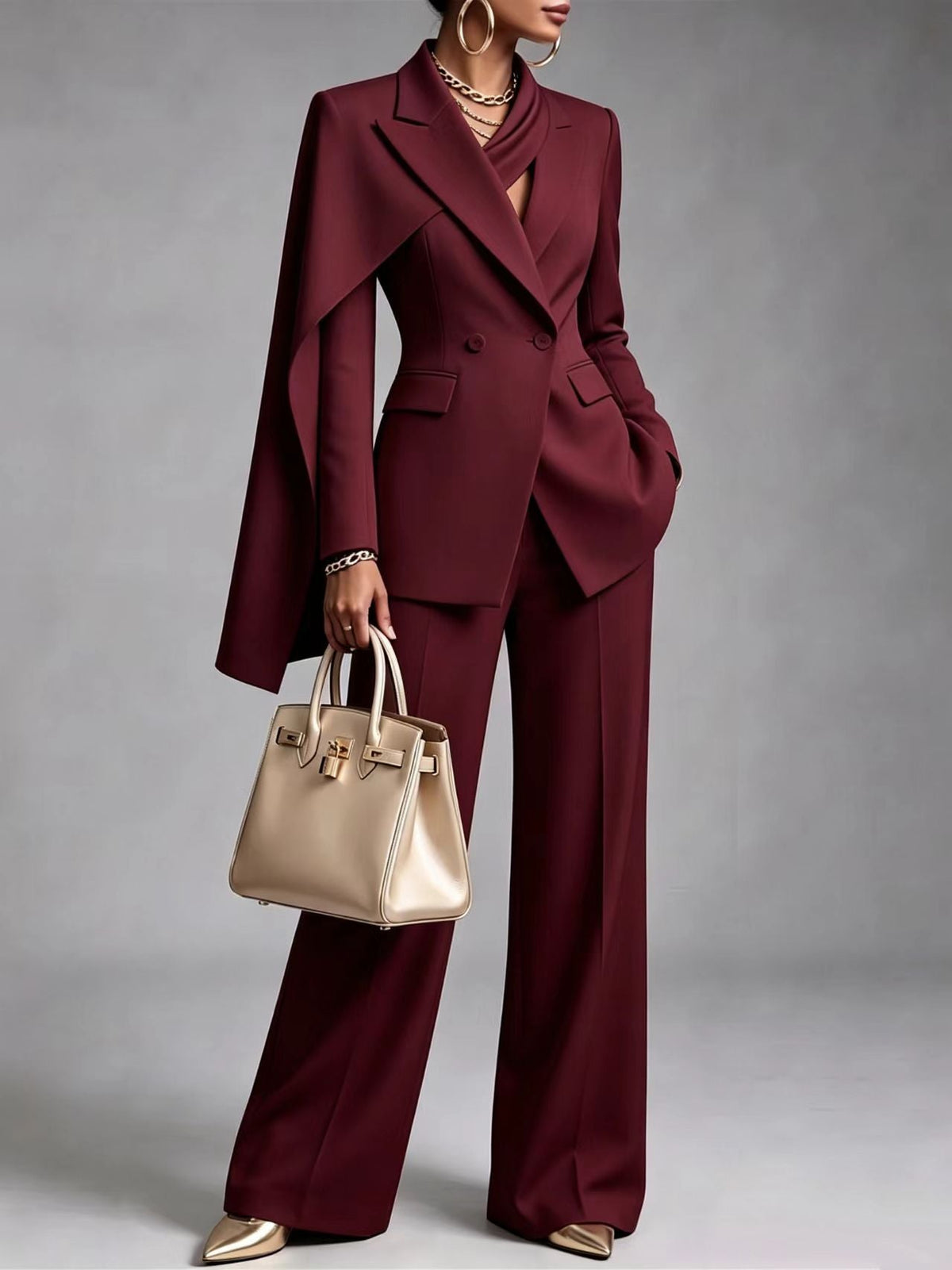 🤲LAST DAY SAVE 49% ⏰Women’s Chic 2-Piece Suit Set – Asymmetric Cape Blazer & Wide-Leg Pants— FREE Handbag