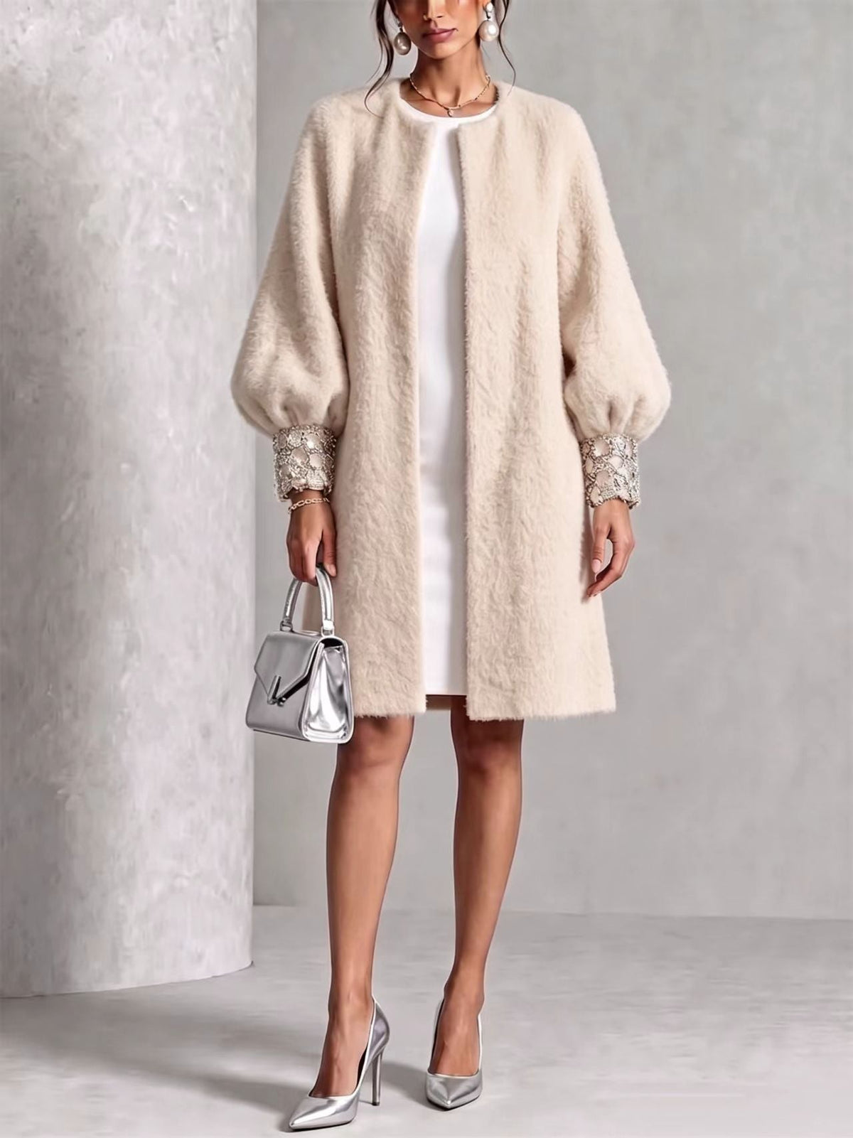 🤲LAST DAY SAVE 49% ⏰Cozy Pink Woolen Shiny Cuffs Open-front Coat— FREE Handbag