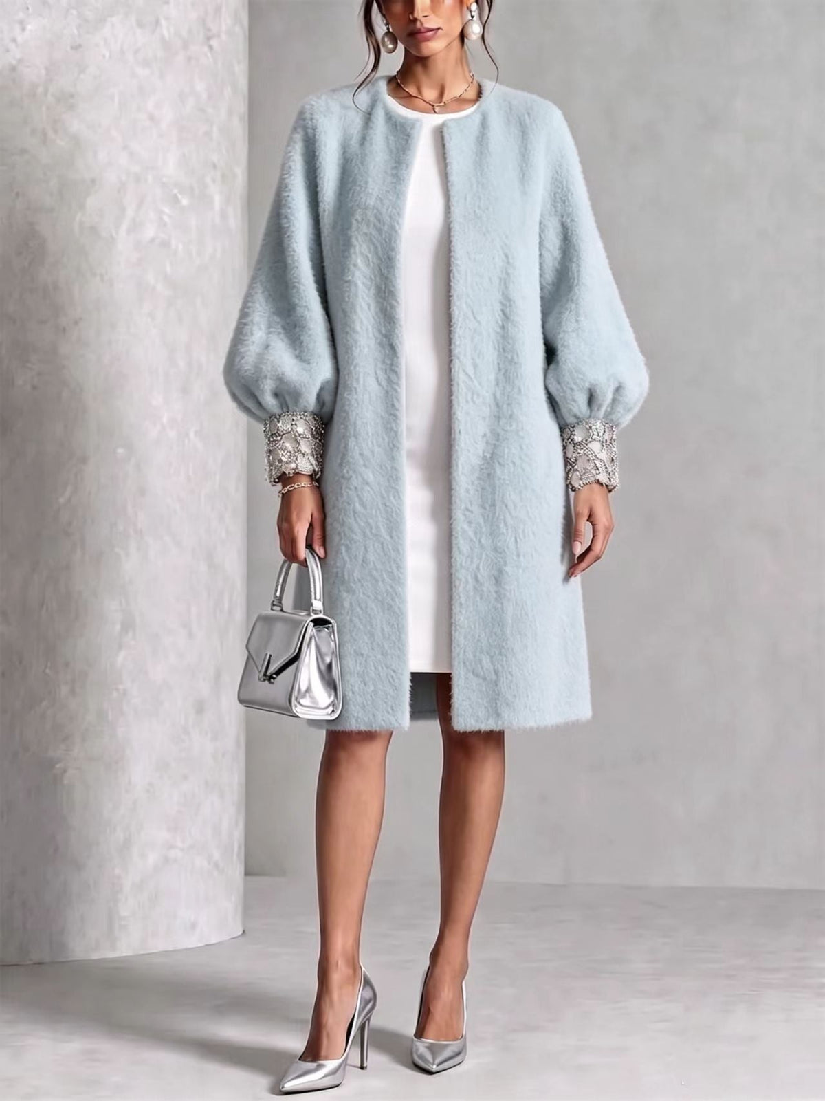 🤲LAST DAY SAVE 49% ⏰Cozy Pink Woolen Shiny Cuffs Open-front Coat— FREE Handbag