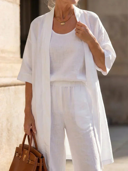 Women's Elegant 3 Piece Linen Set With Wide Leg Pants