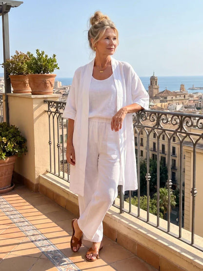 Women's Elegant 3 Piece Linen Set With Wide Leg Pants
