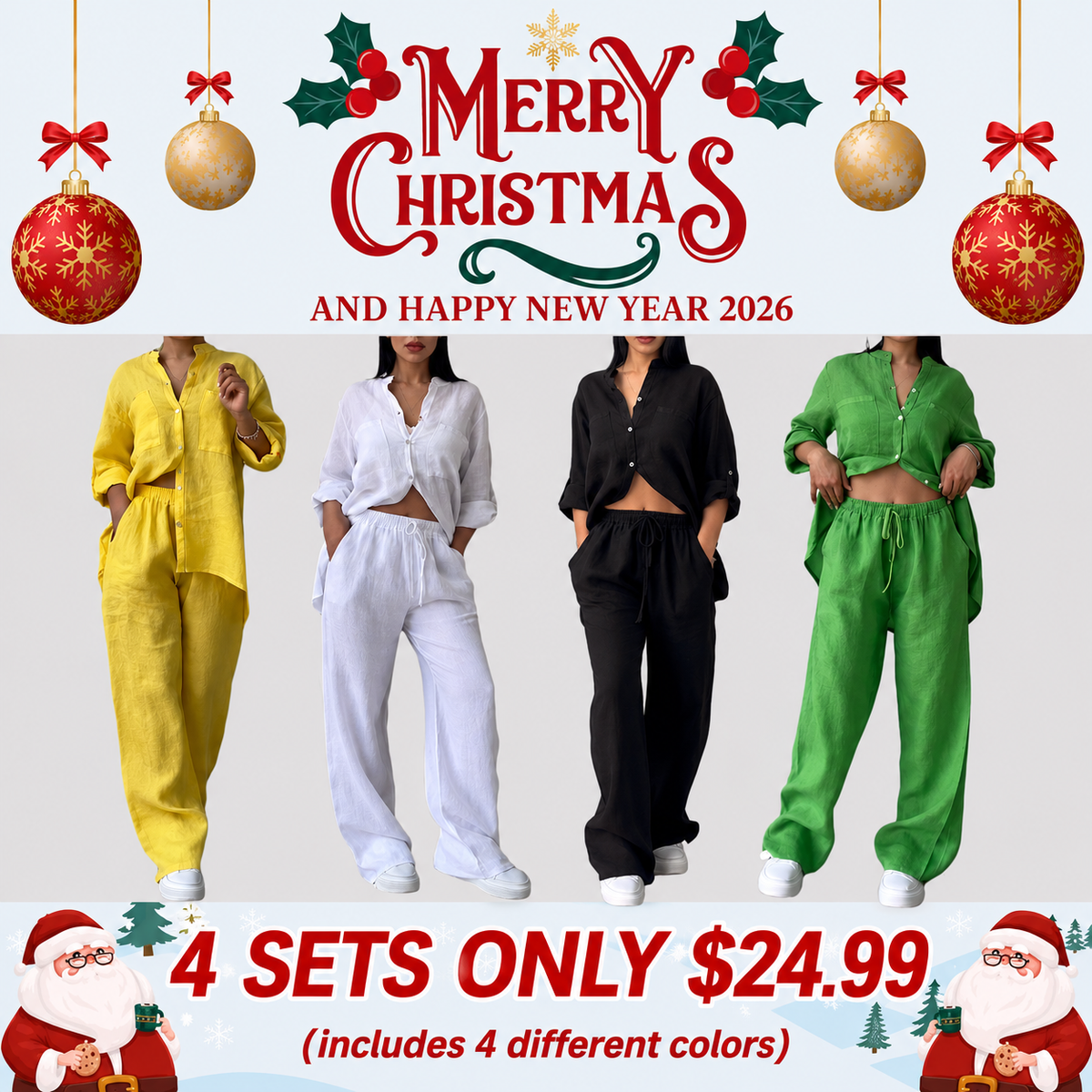 🤲🎄Casual solid color cotton and linen pants two-piece set