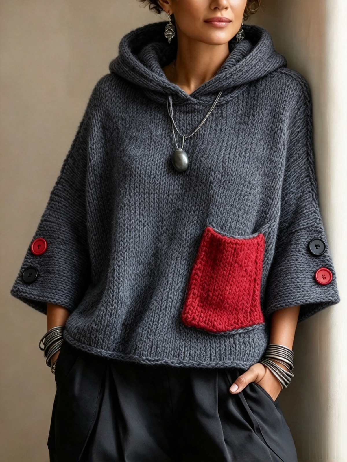 🤲LAST DAY SAVE 49% ⏰Relaxed Contrast Pocket Hooded Sweater