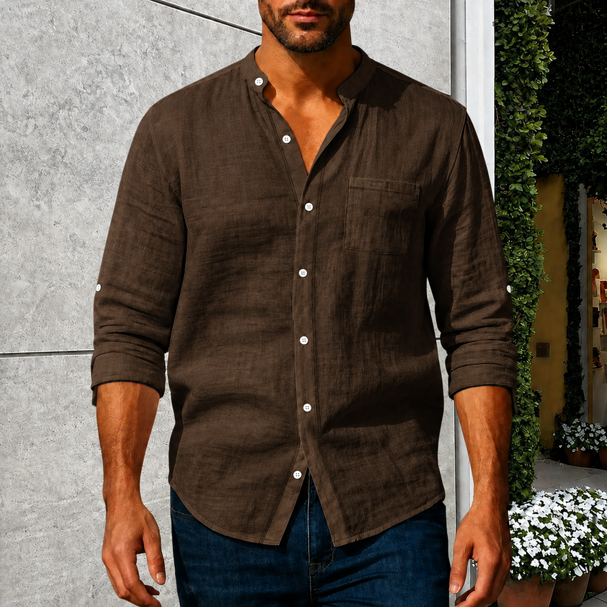 Men's Linen Stand Collar Shirt | Casual Long Sleeve Button-Up