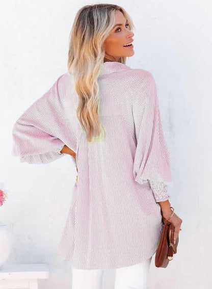 🤲🔥2026 Clearance Item🔥Women's pleated cuffs striped shirt with pockets and casual collar