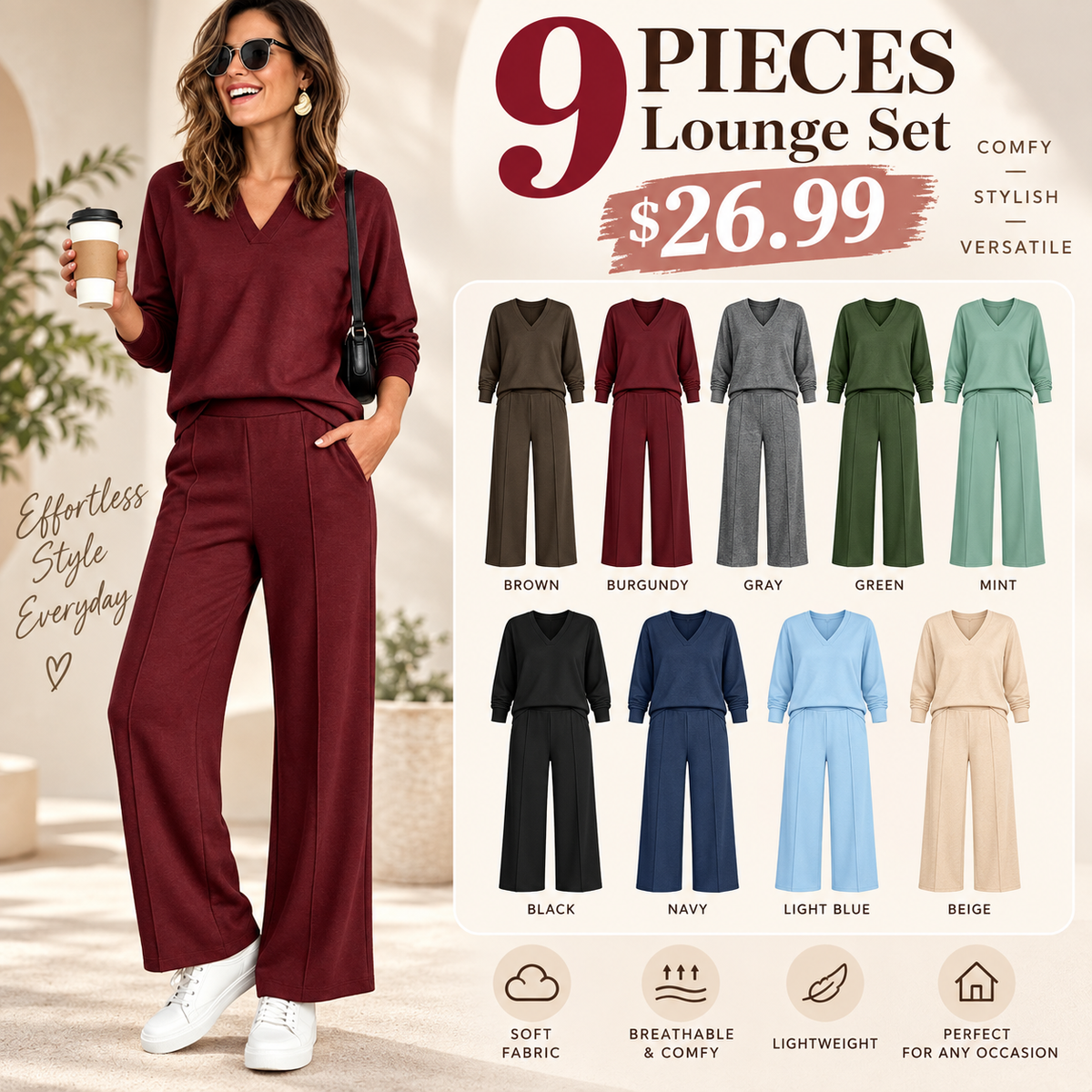 Women's V-Neck Two Piece Set | Relaxed Wide Leg Pants Outfit