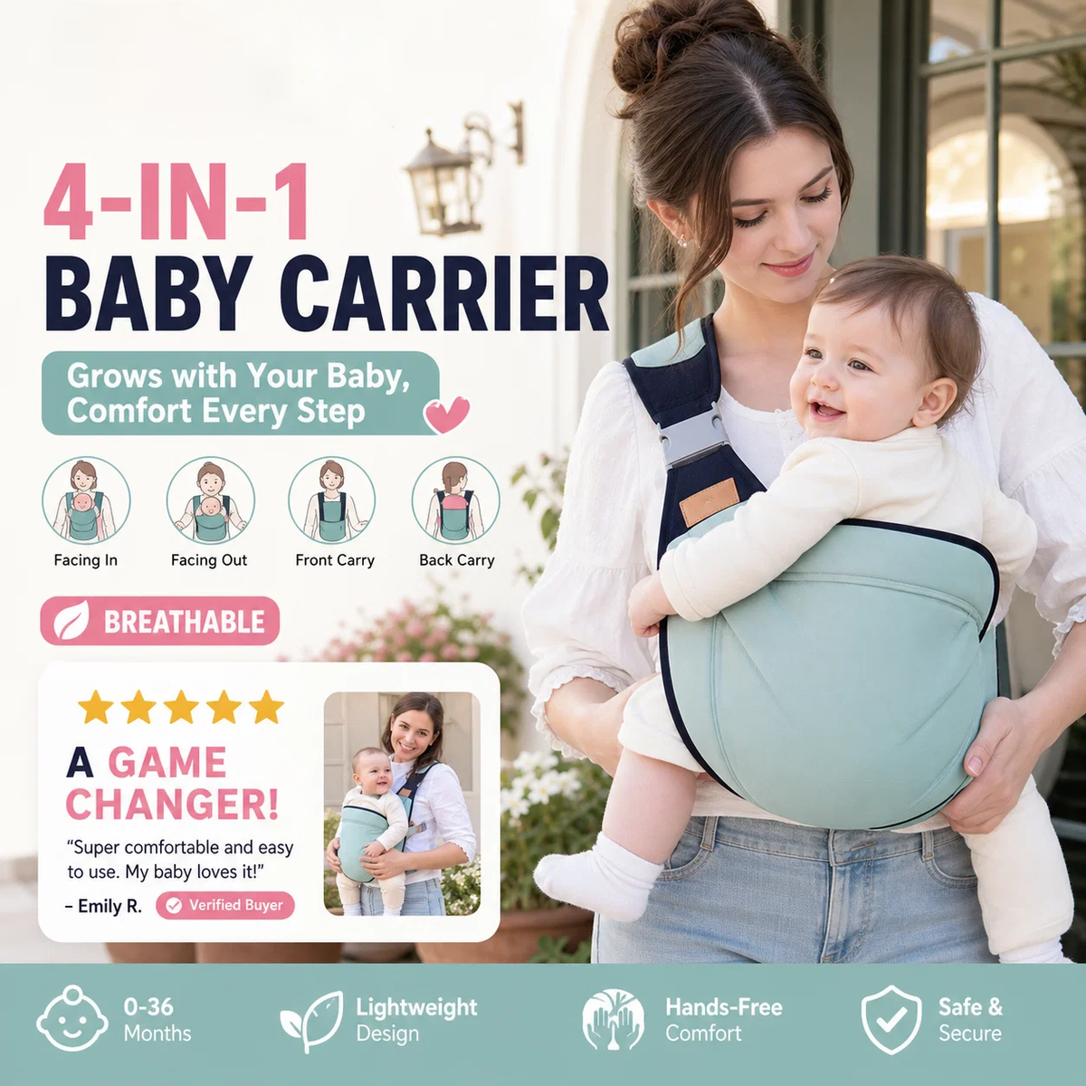 4-in-1 Breathable Baby Carrier – Comfortable Hands-Free Carrying for Parents