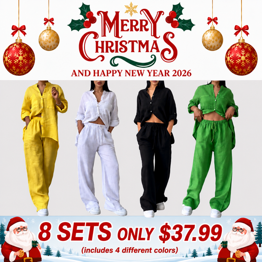 🤲🎄Casual solid color cotton and linen pants two-piece set