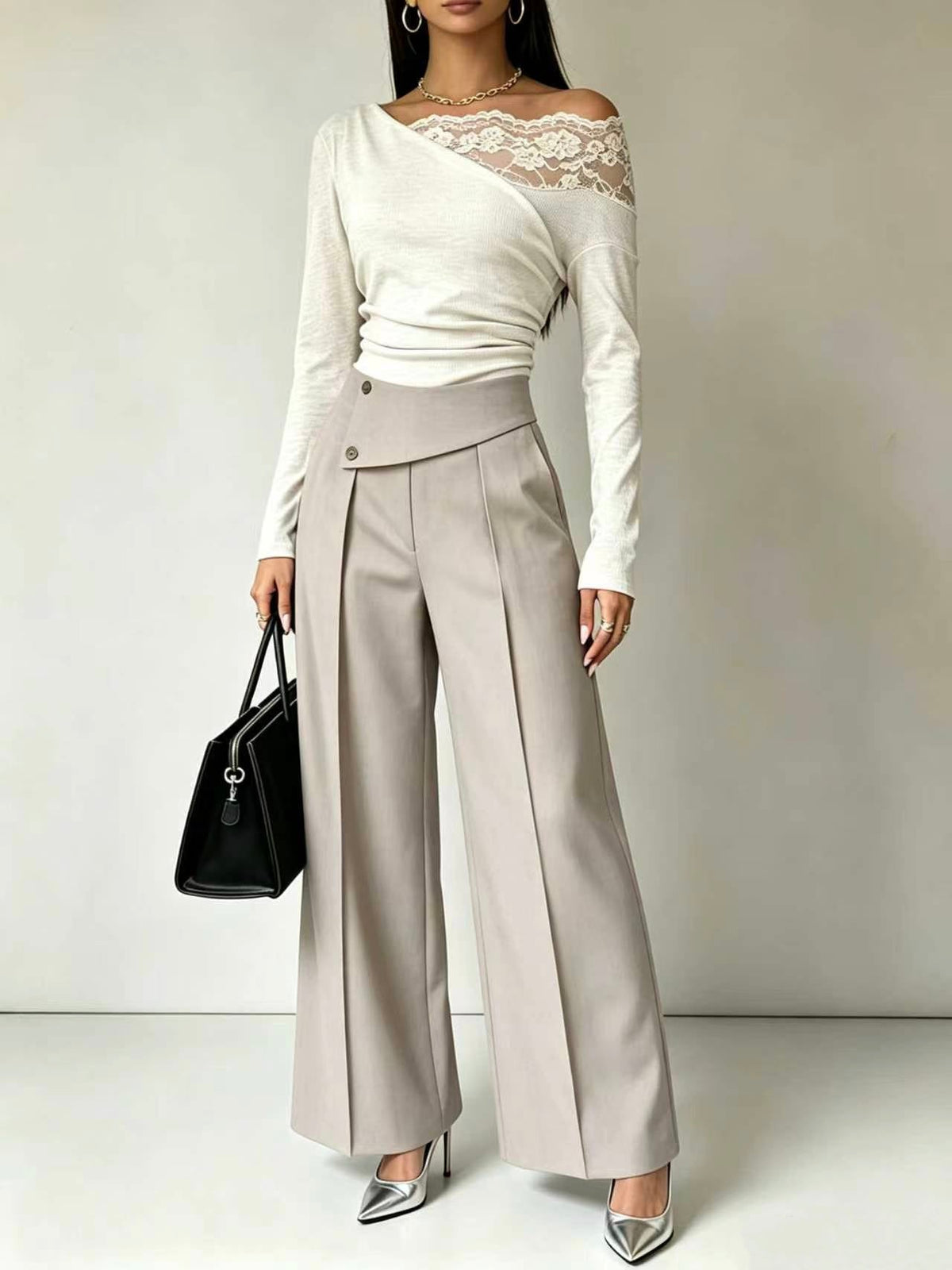 🤲LAST DAY SAVE 49% ⏰Lace-Trimmed Off-Shoulder Top & Wide-Leg Pants Set— FREE Handbag