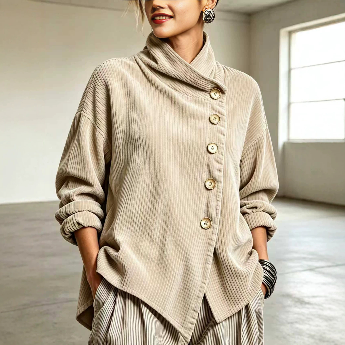 🤲LAST DAY SAVE 49% ⏰Cozy Asymmetric Button-Accented Corduroy Top