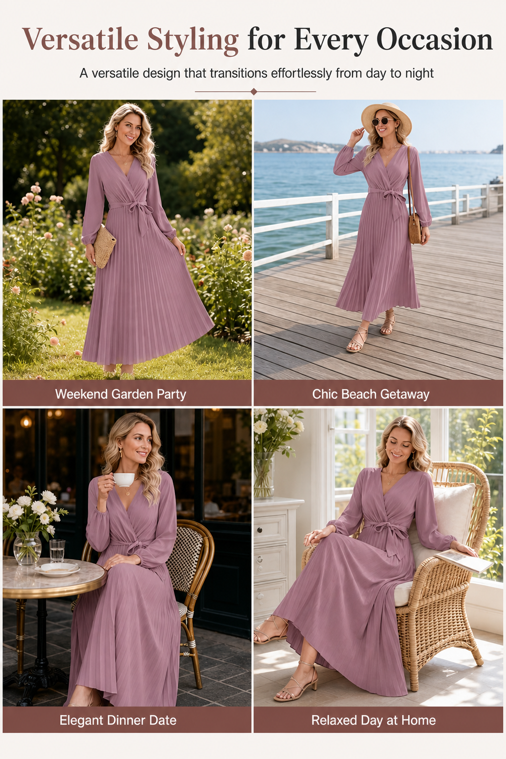 Women's Elegant Pleated Wrap Maxi Dress with Tie Waist