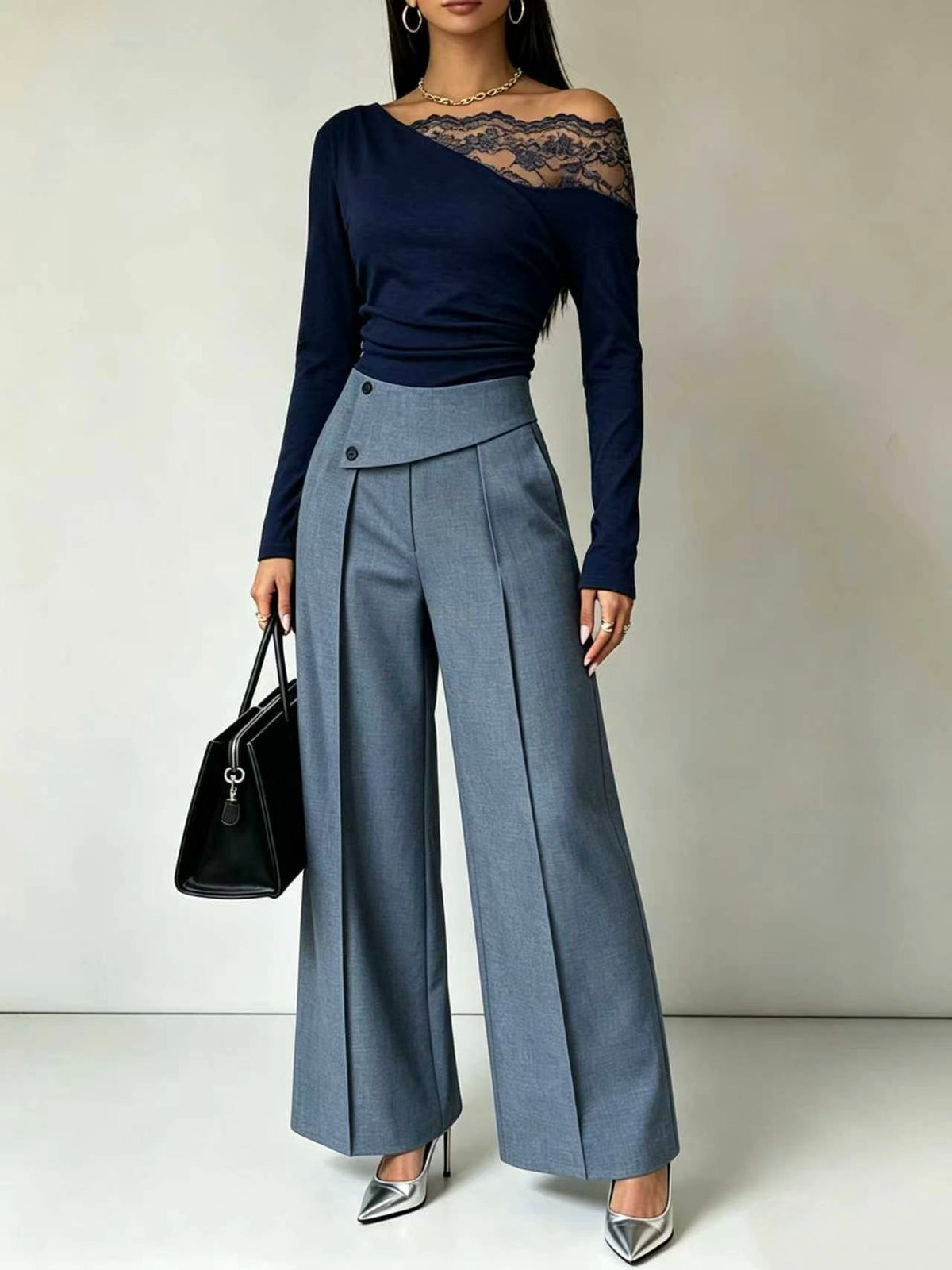 🤲LAST DAY SAVE 49% ⏰Lace-Trimmed Off-Shoulder Top & Wide-Leg Pants Set— FREE Handbag