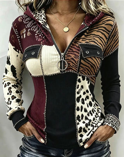 🤲LAST DAY SAVE 49% ⏰Chic Animal Patchwork Print Ribbed Hooded Top