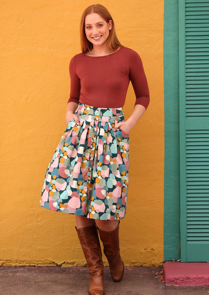 Women's Blue Tulip Floral Midi Skirt | High Waist A-Line Cotton Skirt