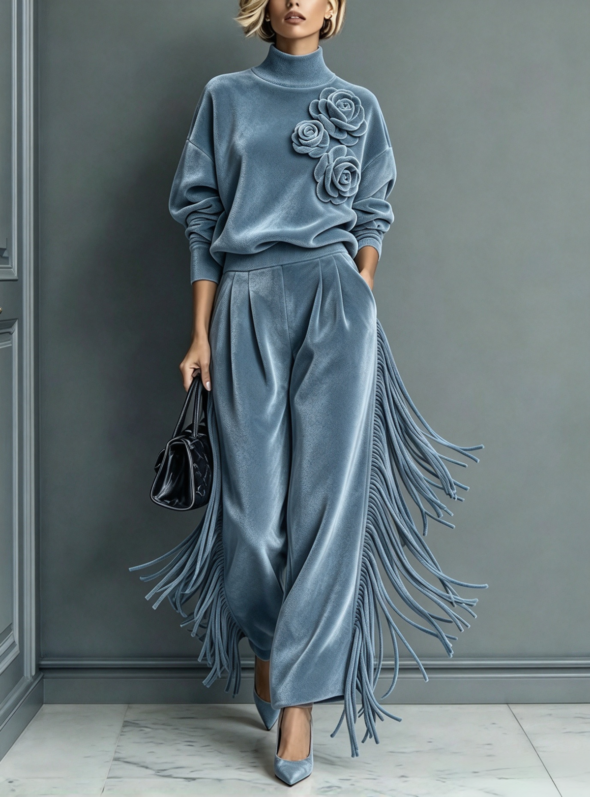 🤲LAST DAY SAVE 49% ⏰Elegant Faux Suede Two-piece Set With 3d Floral And Tassel Details