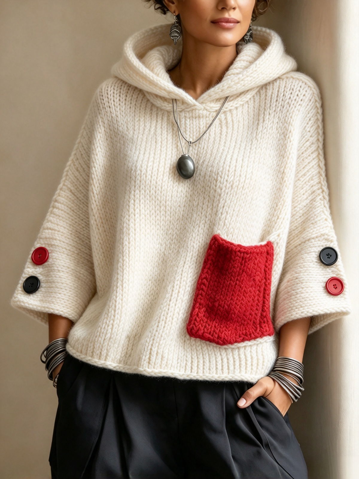 🤲LAST DAY SAVE 49% ⏰Relaxed Contrast Pocket Hooded Sweater