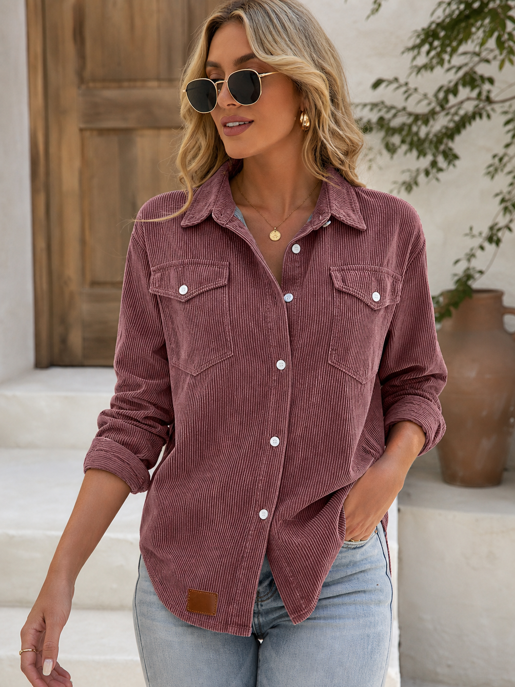🌸🔥Bestseller🏆Flap Pocket Button Front Ribbed Knit Top👚