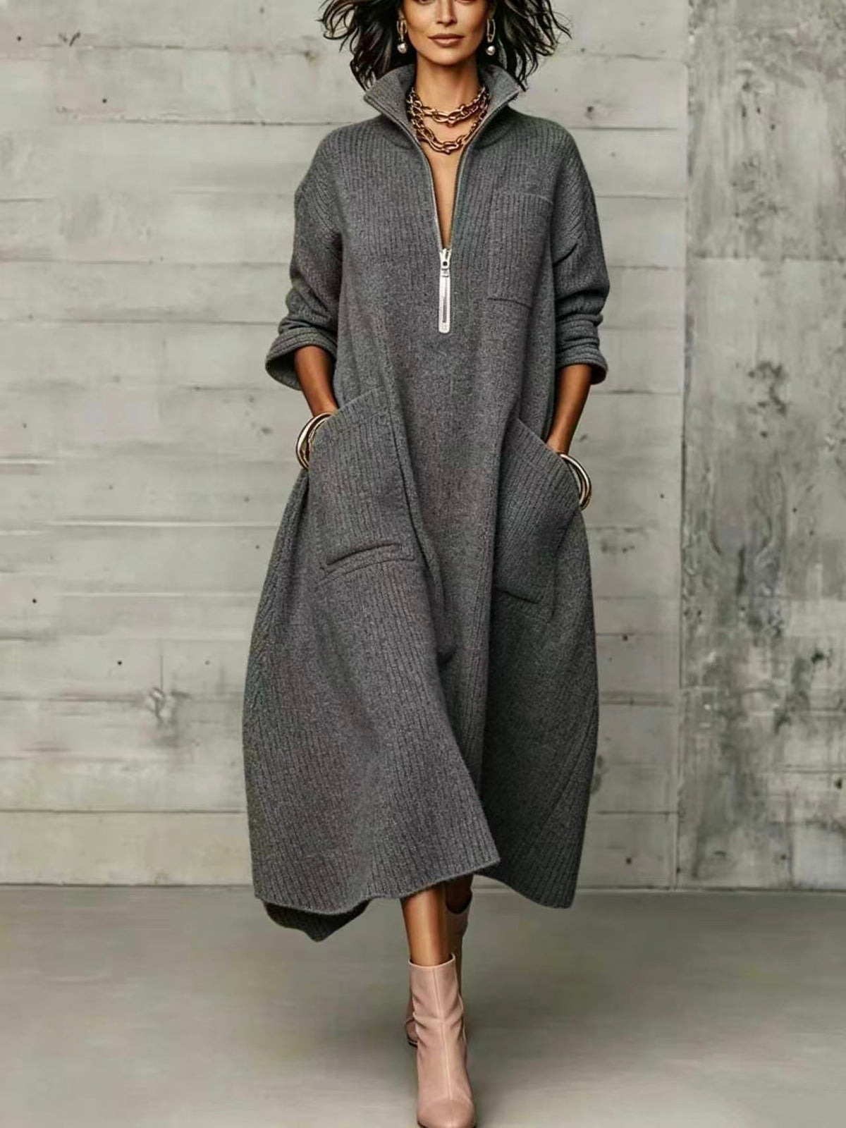 🤲LAST DAY SAVE 49% ⏰Elegant Quarter-zip High Collar Oversized Knit Midi Dress— FREE Handbag