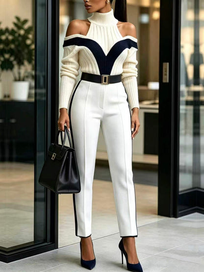 🤲LAST DAY SAVE 49% ⏰Elegant Navy & White Off-Shoulder Knit Two-Piece Set