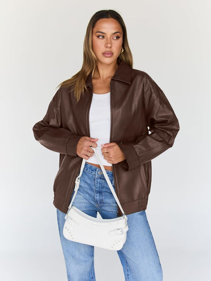 💥Limited Stock Sale | Women's Faux Leather Moto Jacket - Stylish Oversized Outerwear
