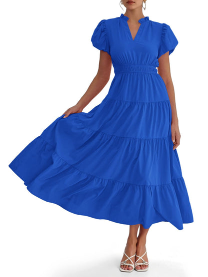 Puff Short Sleeve V Neck Flowy Tiered Beach A-Line Dresses