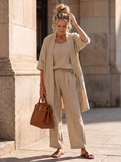 Women's Elegant 3 Piece Linen Set With Wide Leg Pants