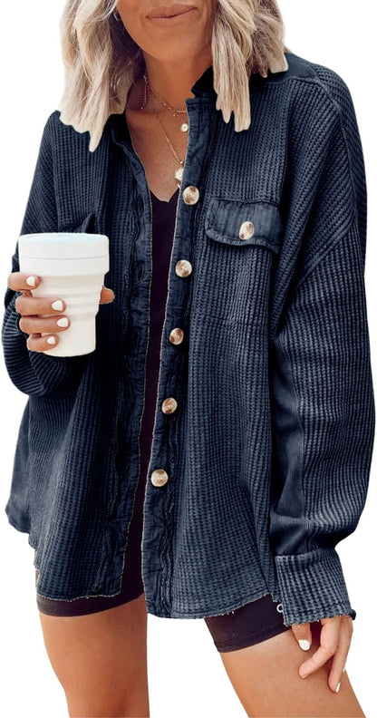 🤲✨ Women's Oversized Waffle Knit Shacket 🧶 – Batwing Sleeve Button Down Casual Shirt Jacket 🍂🤎