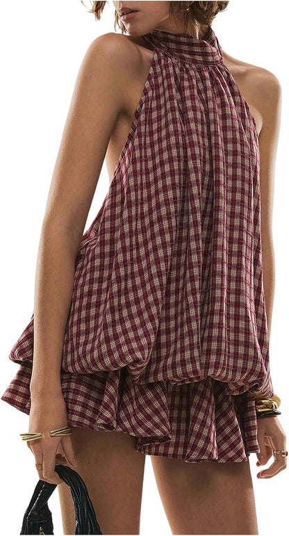 💥Limited Time Offer | Women's Plaid Halter Mini Dress - Ruffle Bubble Hem Going Out Dress