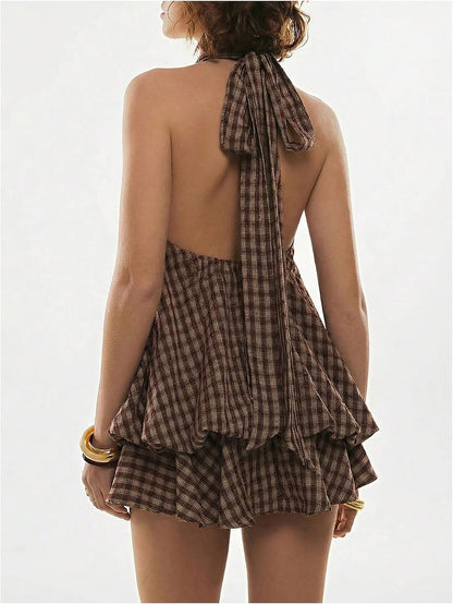 💥Limited Time Offer | Women's Plaid Halter Mini Dress - Ruffle Bubble Hem Going Out Dress