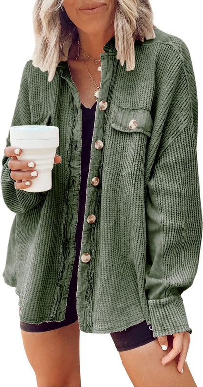 🤲✨ Women's Oversized Waffle Knit Shacket 🧶 – Batwing Sleeve Button Down Casual Shirt Jacket 🍂🤎