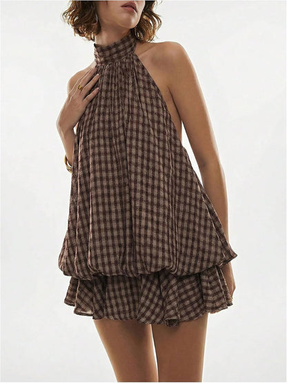 💥Limited Time Offer | Women's Plaid Halter Mini Dress - Ruffle Bubble Hem Going Out Dress