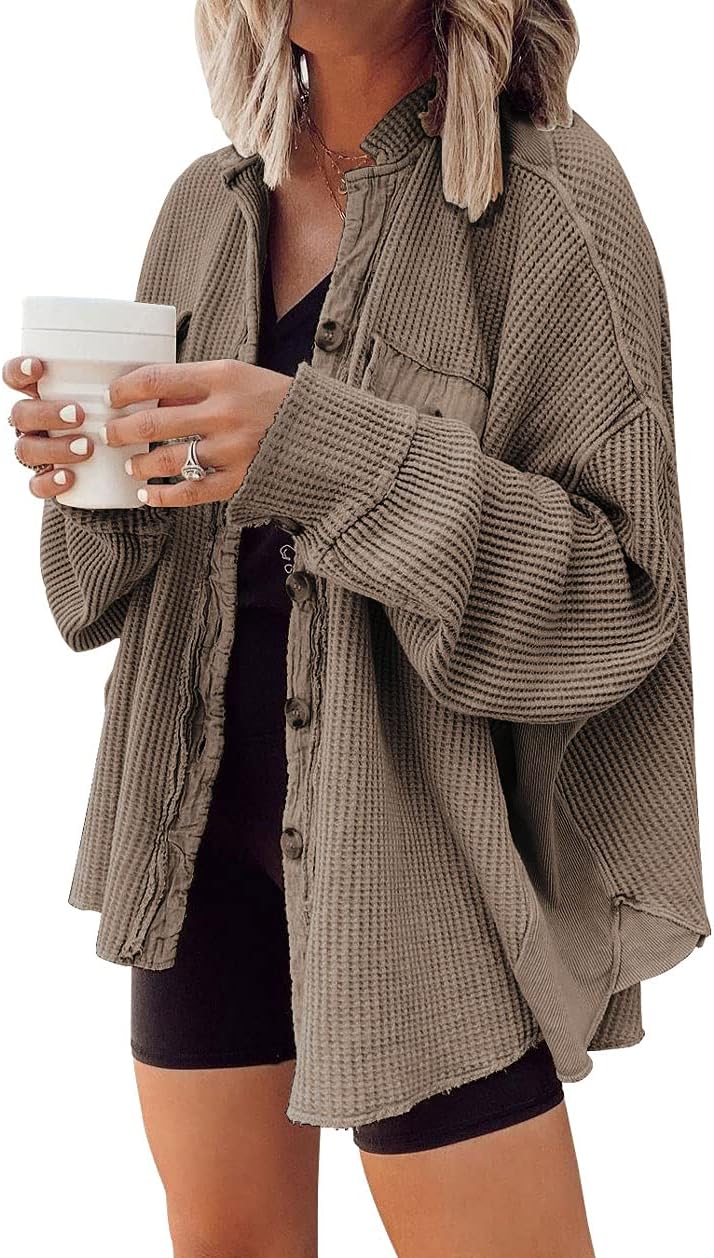 🤲✨ Women's Oversized Waffle Knit Shacket 🧶 – Batwing Sleeve Button Down Casual Shirt Jacket 🍂🤎